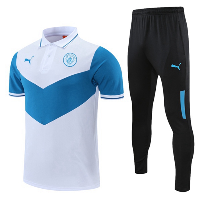 Kit Maglia Polo Manchester City + Pantaloni Bianca/Blu 2021/2022
